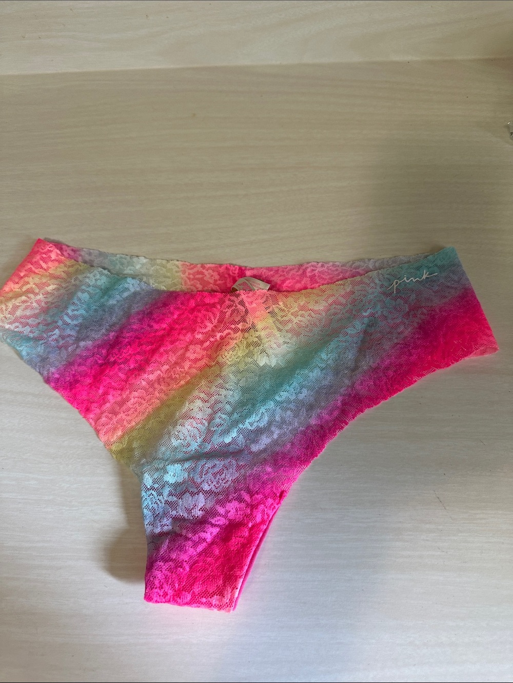 PINK Victoria's Secret Multicolor Rainbow Lace Hipster Bottoms — Hot Pink Accent